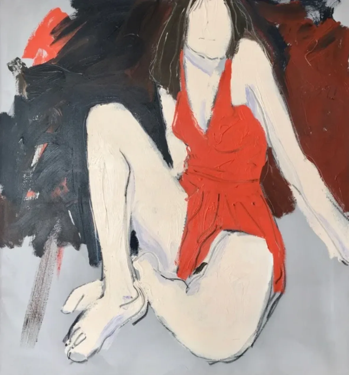 ONE 45-91, a painting of a seated woman in a red swimsuit by Freeman W. Butts