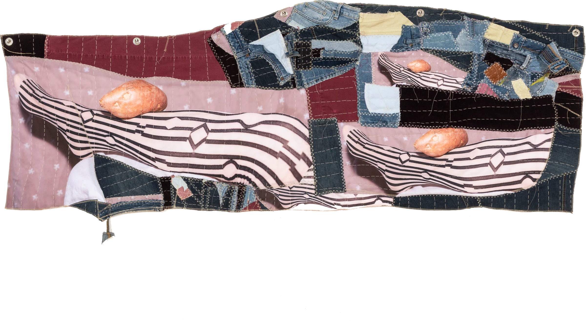 Camo — shaped photo-quilt of dye-sublimation print, thrifted denim, and embroidery floss